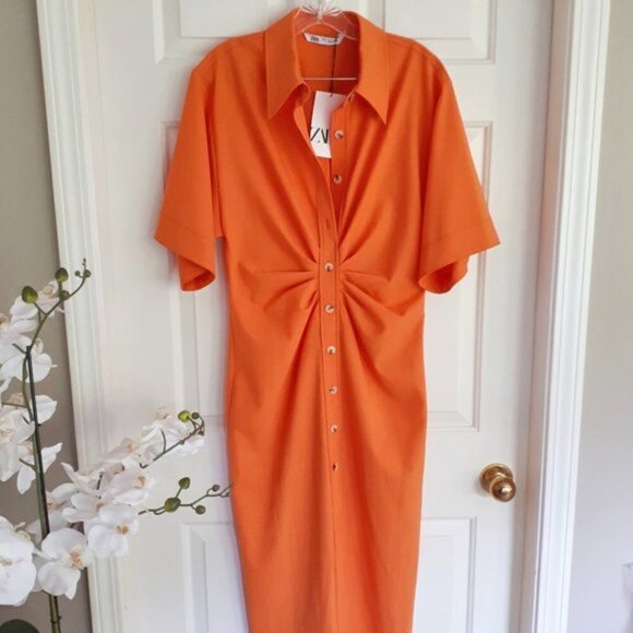 NWT Zara orange draped short sleeve collared midi shirt dress, XS - Picture 7 of 8